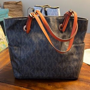 Michael Kors large tote in brown with burnt orange handles